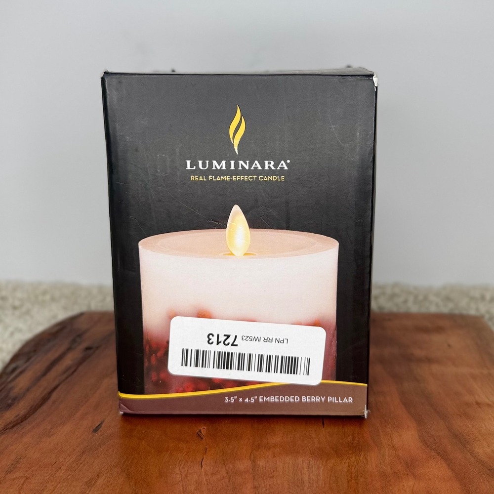 Luminara Real Flame-Effect 3.5x4.5 Embedded Berry Pillar Candle White Unscented